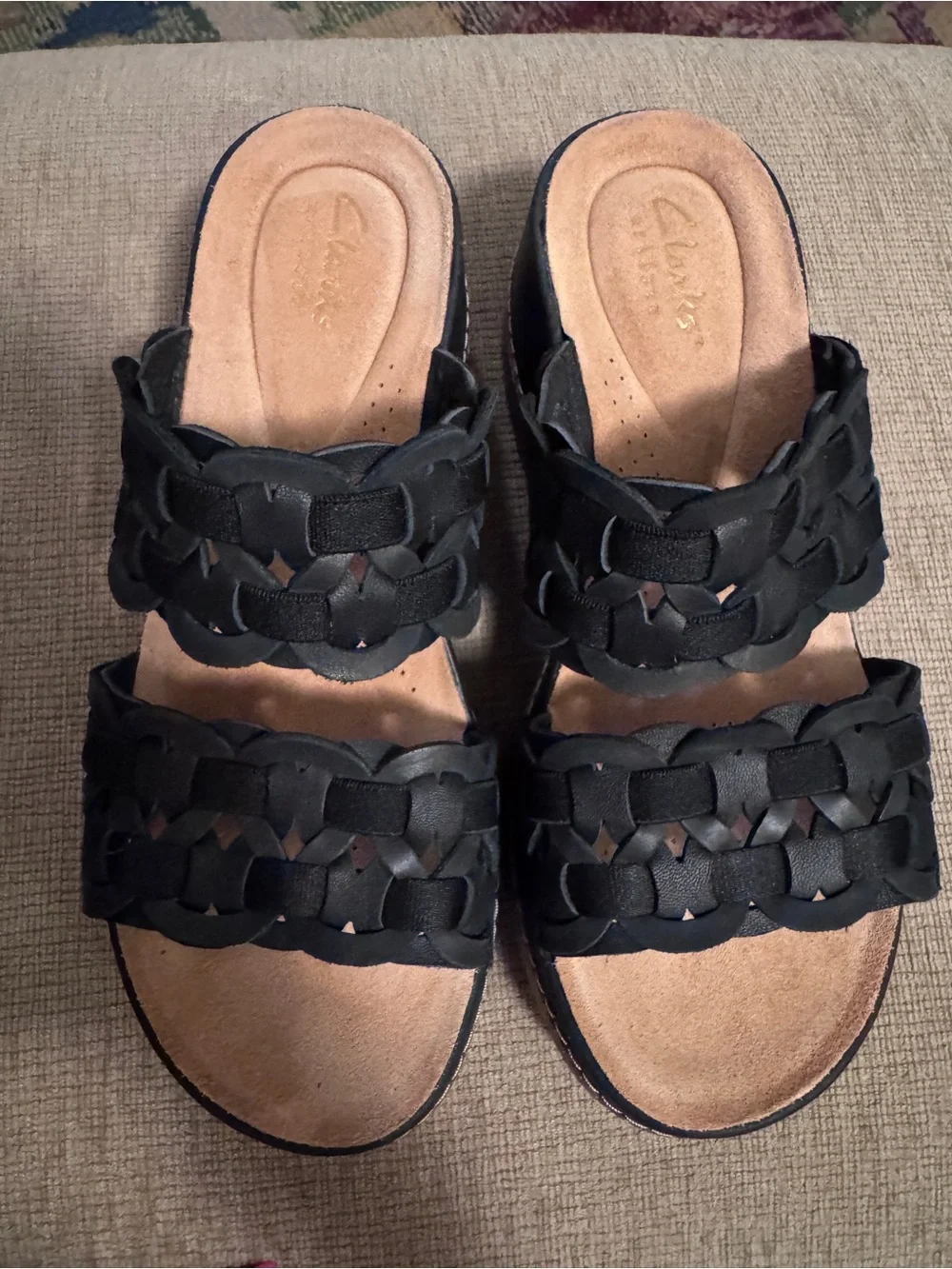 Clarks Black Woven Double-Strap Platform Slides